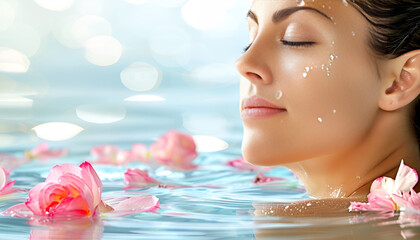 Wall Mural - Young woman with plumeria flower lying on couch in spa salon