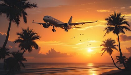 Wall Mural - Sunset view of a plane soaring above palm trees silhouetted against a vibrant sky