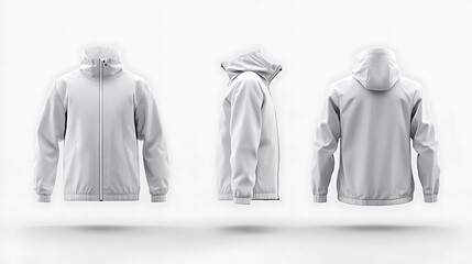 White Hooded Jacket Mockup   Front  Side  and Back Views