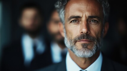 A determined and mature man with gray hair and a sharp suit, gazes intensely ahead, epitomizing focus, authority, and professionalism with a blurred background of colleagues.