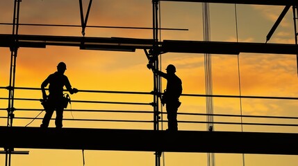 Construction Workers Silhouette at Sunset on Scaffolding