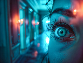 Sticker - A woman's eye is shown in a blue room with lights. The eye is open and staring at the camera. The room is dimly lit, giving it a mysterious and eerie atmosphere