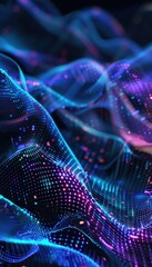 Poster - A futuristic digital background with glowing neon blue and purple waves