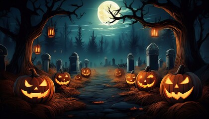 Wall Mural - Spooky Night Delight Jack O' Lanterns in the Haunted Graveyard