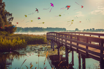 Beautiful greeting card with colorful kites soaring high above vibrant sky to holiday composition