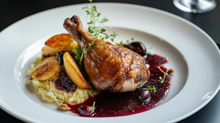 A fancy restaurant dish: Duck legs cooked in fat, served with sweet cabbage, baked apple, and cranberry sauce. The food is arranged on a white plate on a black table, with space around it.