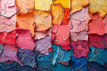 Abstract texture of colorful, cracked paint layers.