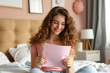 Young woman accepting a letter of admission to a dream college, closeup, excited expression, bedroom setting, soft morning light, sense of future opportunity,