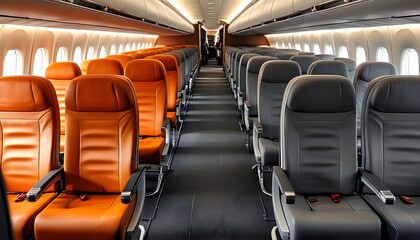 Wall Mural - Modern airplane interior showcasing empty cabin with vibrant orange and gray seating arrangement