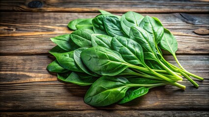 Fresh green spinach leaves on a wooden table, perfect for healthy food recipes