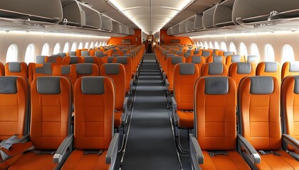 Modern airplane interior showcasing empty cabin with vibrant orange and gray seating arrangement