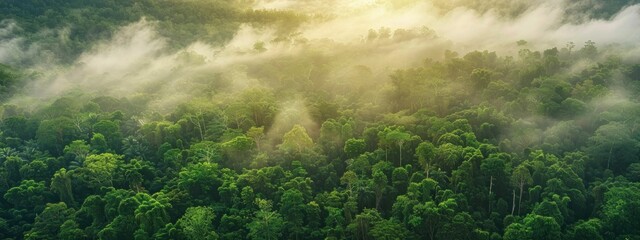 Canvas Print - lush green forest, misty landscape, serene nature scene, peaceful atmosphere, natural beauty, sunlight filtering through trees, vibrant foliage, aerial view of wilderness