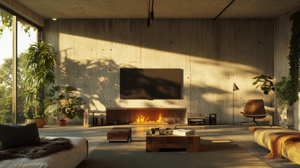 Wall Mural - A large, open room with a fireplace and a TV. The walls are made to look like rough concrete.