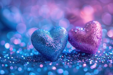 Two hearts made of glitter are on a blue background