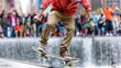 © Sumet - A skateboarder performing a stylish kickflip off a city fountain ledge, surrounded by cheering friends, illustrating the community and thrill of urban skate culture