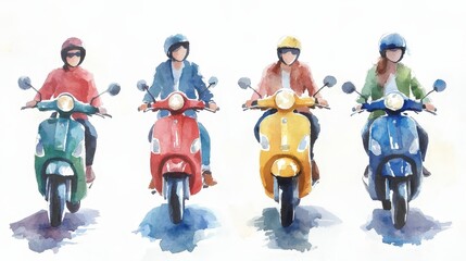 Watercolor Illustration of Four People Riding Scooters