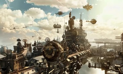 Wall Mural - steampunk clockwork cityscape, video