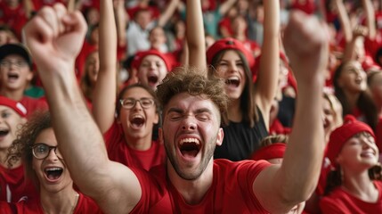 A school sports fan section erupting in cheers after a winning point