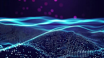 Poster - Dynamic blue wave with shining points forms a futuristic digital design, perfect for tech projects. Mesmerizing and vibrant, ideal as a backdrop