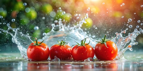 Fresh tomatoes splashing in water with bokeh background, perfect for La Tomatina festival, tomatoes, fresh, water, splashing