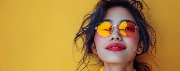 Sticker - A stylish Asian woman in round sunglasses and red lips, posing against a bright yellow wall, exuding confidence and flair. Free copy space for banner.