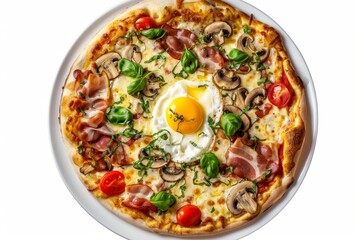 Wall Mural - Pizza with Mushrooms, Bacon and Egg on White Plate Isolated, Italian Carbonara Pizza