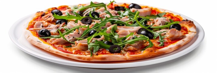 Wall Mural - Pizza with Tuna, Black Olives and Fresh Arugula, Traditional Italian Seafood Pizza with Yellowfin Meat