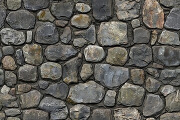 A textured stone wall made of various sizes and shapes of gray and brown stones, showcasing natural variations and imperfections.