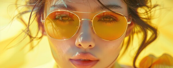 Wall Mural - A stylish Asian woman in round sunglasses and red lips, posing against a bright yellow wall, exuding confidence and flair. Free copy space for banner.