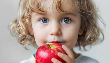 cute child smiling bites apple. nutrition for caries prevention. portrait of little girl with fruit on blue background. kid eating healthy food, snack. teeth, dental health, smile. children dentistry