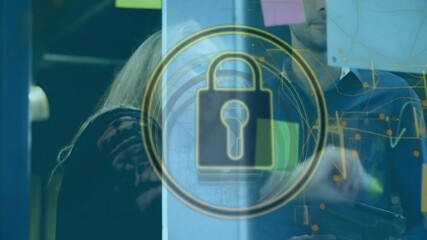 Poster - Animation of padlock icon and data processing over diverse business people in office