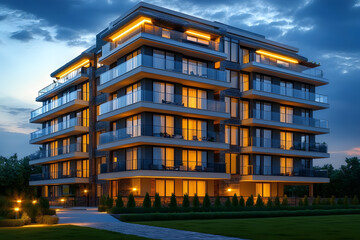 Modern luxury apartment building at dusk