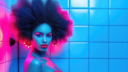 Wall Mural - Vibrant Neon Portrait of Afro-haired Model in Blue Light