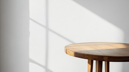 A round wooden dining table stands alone against a plain white backdrop.