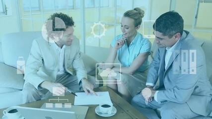 Poster - Animation of icons and data processing over diverse business people in office