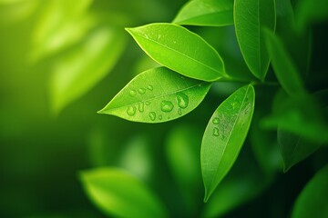 Wall Mural - Close-up of vibrant, fresh green leaves with water droplets on them, basking in the warm sunlight.