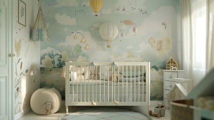 A serene nursery with a crib, soft pastel colors, and whimsical wall decor