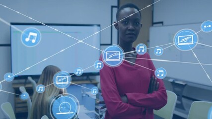 Poster - Animation of network of connections with devices icons over diverse business people in office