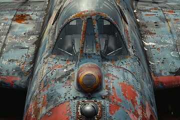 Close-up of a weathered aircraft cockpit with peeling paint.