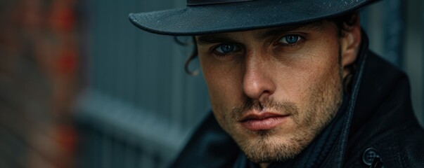 Wall Mural - Close-up portrait of a man wearing a hat, with snowflakes on his face, intense gaze.