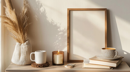 Wall Mural - A simple and stylish shelf with a brown frame, a candle, a book, a cup of coffee, and some personal items. It's perfect for showcasing your home decor.