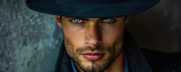 Wall Mural - Close-up portrait of a man wearing a hat, with snowflakes on his face, intense gaze.