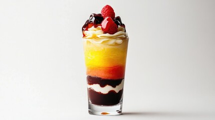 Poster - A beautifully designed glass with a colorful layered dessert, set on a plain white background, showcasing the texture and vibrant layers of the treat.