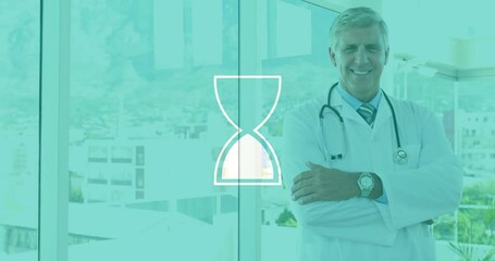 Poster - Animation of hourglass icon over caucasian male doctor