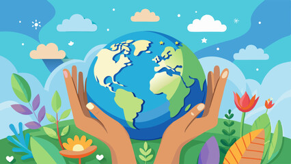 internationnal peace day concept. hands holding globe over sky background. paper art and craft style