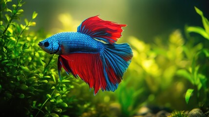 A Betta fish with bright blue and red hues swimming among lush green aquatic plants in a spacious aquarium, creating a serene and natural underwater scene.