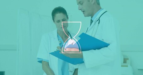 Wall Mural - Animation of hourglass icon over diverse doctors