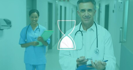 Sticker - Animation of hourglass icon over diverse doctors