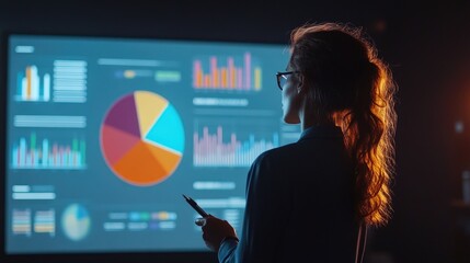Poster - A business professional analyzing a large pie chart projected on a screen, with various financial data segments clearly visible, during a corporate presentation.