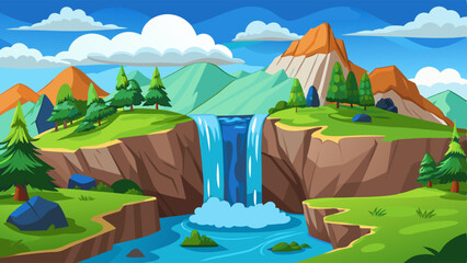 Waterfall on rocky and covered with green grass mountain. Cartoon vector illustration set of cascade falling blue water of stream from cliff. River on stone hills for natural landscape design.